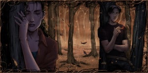 Digital painting of a man and woman in a forest. Man is smoking and wearing a sword. Woman is leaning on a tree with her eyes closed. 
