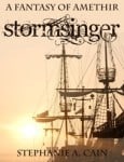 Book cover of STORMSINGER with a sailing ship's rigging and sunset