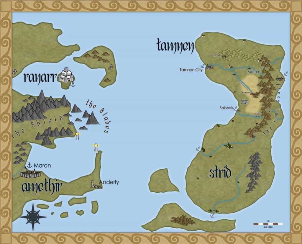 A map of the countries of Tamnen, Strid, and the Long Coast from the Storms in Amethir fantasy series