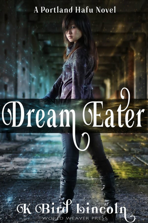 Cover of Dream Eater by K. Bird Lincoln. A Japanese girl stands with her back to the viewer and looks over her shoulder. She is on a city street at night. 