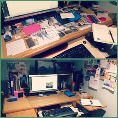 A collage with two pictures of the same desk: in the top picture the desk is cluttered; in the bottom picture the desk is clean