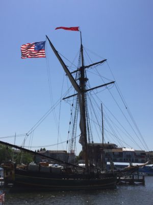 The tall ship Friends Good Will, a replica of an 1811 single-masted merchant sloop 