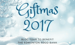 Blue and white Giftmas 2017 logo for the blog tour to benefit the Edmonton Food Bank
