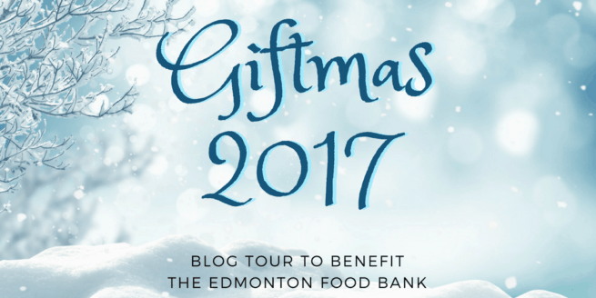 Blue and white Giftmas 2017 logo for the blog tour to benefit the Edmonton Food Bank