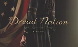 The cover of Dread Nation by Justine Ireland: A black girl with her hair in braids stands with her back to the viewer, a bloody sickle in her hand and the US flag behind her.