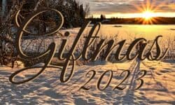 A landscape of a winter field covered in snow, with trees to the left side. The sun is low in the sky sending gorgeous winter light across the scene. The title Giftmas 2023 is on the graphic.