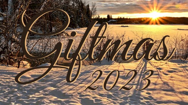 A landscape of a winter field covered in snow, with trees to the left side. The sun is low in the sky sending gorgeous winter light across the scene. The title Giftmas 2023 is on the graphic.