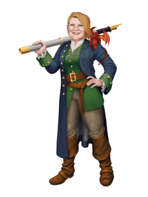 A drawing by Julie Z. Bickel of the author, a redhaired woman with blue eyes, dressed as a pirate, with a red dragon on one shoulder and a sword shaped like a fountain pen over her other shoulder.